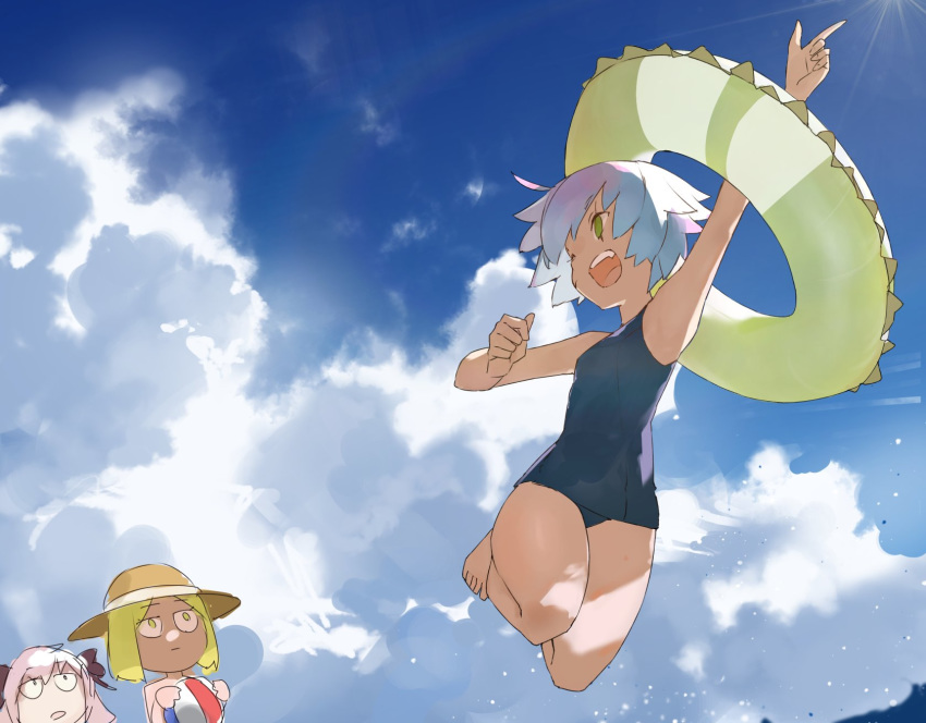 arms_up ball bangs beachball blonde_hair blue_skirt blue_swimsuit cloud cloudy_sky commentary_request day fate/grand_order fate_(series) full_body green_eyes green_innertube hair_ribbon hat highres innertube jack_the_ripper_(fate/apocrypha) nursery_rhyme_(fate/extra) one-piece_swimsuit one_eye_closed open_mouth paul_bunyan_(fate/grand_order) pikumin pink_hair pointing pointing_up ribbon round_teeth short_hair skirt sky smile sun_hat sunlight swimsuit teeth white_hair