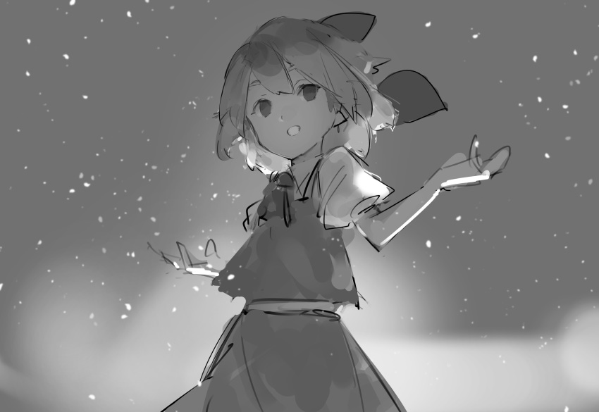 absurdres arms_up bangs bow cirno commentary_request greyscale grin hair_between_eyes hair_bow highres kerchief looking_at_viewer monochrome no_pupils pikumin shirt short_hair skirt skirt_set smile solo teeth touhou