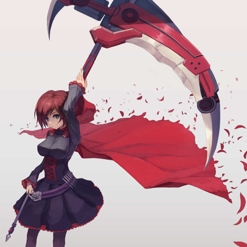 1girl black_dress black_hair breasts cape cloak corset crescent_rose dress frilled_dress frills hood hooded_cloak medium_breasts red_cape ruby_rose rwby scythe short_hair silver_eyes smile solo thighhighs