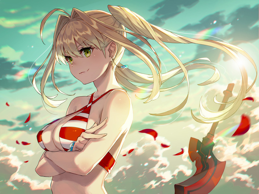 aestus_estus ahoge bangs bare_arms bare_shoulders bikini blonde_hair bracelet breasts closed_mouth cloud cloudy_sky collarbone criss-cross_halter crossed_arms day earrings eyebrows_visible_through_hair fate/grand_order fate_(series) fingernails floating_hair from_side gradient_sky green_eyes green_sky hair_between_eyes hair_intakes halter_top halterneck jewelry kusano_shinta large_breasts lens_flare long_hair looking_at_viewer motion_blur nero_claudius_(fate)_(all) nero_claudius_(swimsuit_caster)_(fate) petals planted_sword planted_weapon red_bikini rose_petals shade shiny shiny_hair sideways_glance sky smirk solo standing striped striped_bikini sun sunlight swimsuit sword upper_body v-shaped_eyebrows weapon wind
