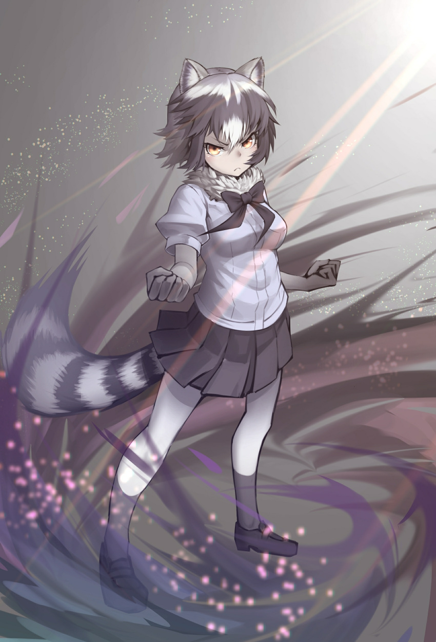 absurdres animal_ears aura black_footwear black_gloves black_legwear black_neckwear black_skirt bow bowtie clenched_hands commentary common_raccoon_(kemono_friends) frown full_body fur_trim gloves grey_hair highres kemono_friends looking_at_viewer miniskirt multicolored multicolored_clothes multicolored_hair multicolored_legwear pantyhose pleated_skirt raccoon_ears raccoon_tail serious short_hair short_sleeves skirt solo st.takuma standing tail white_hair white_legwear