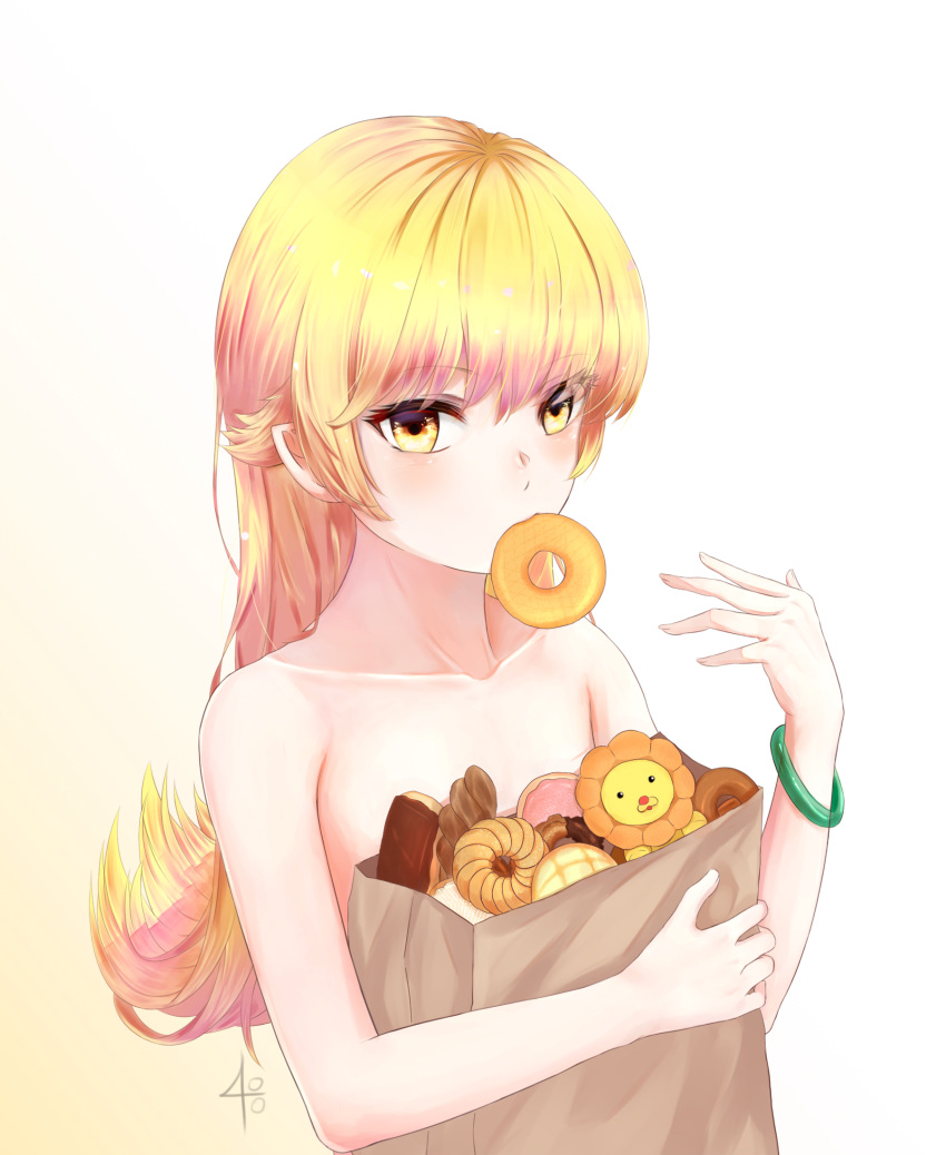 210240_(pixiv) bad_id bad_pixiv_id bangs blonde_hair bracelet collarbone doughnut eyebrows_visible_through_hair floating_hair food highres jewelry long_hair looking_at_viewer monogatari_(series) mouth_hold nude oshino_shinobu simple_background solo transparent upper_body very_long_hair white_background yellow_eyes