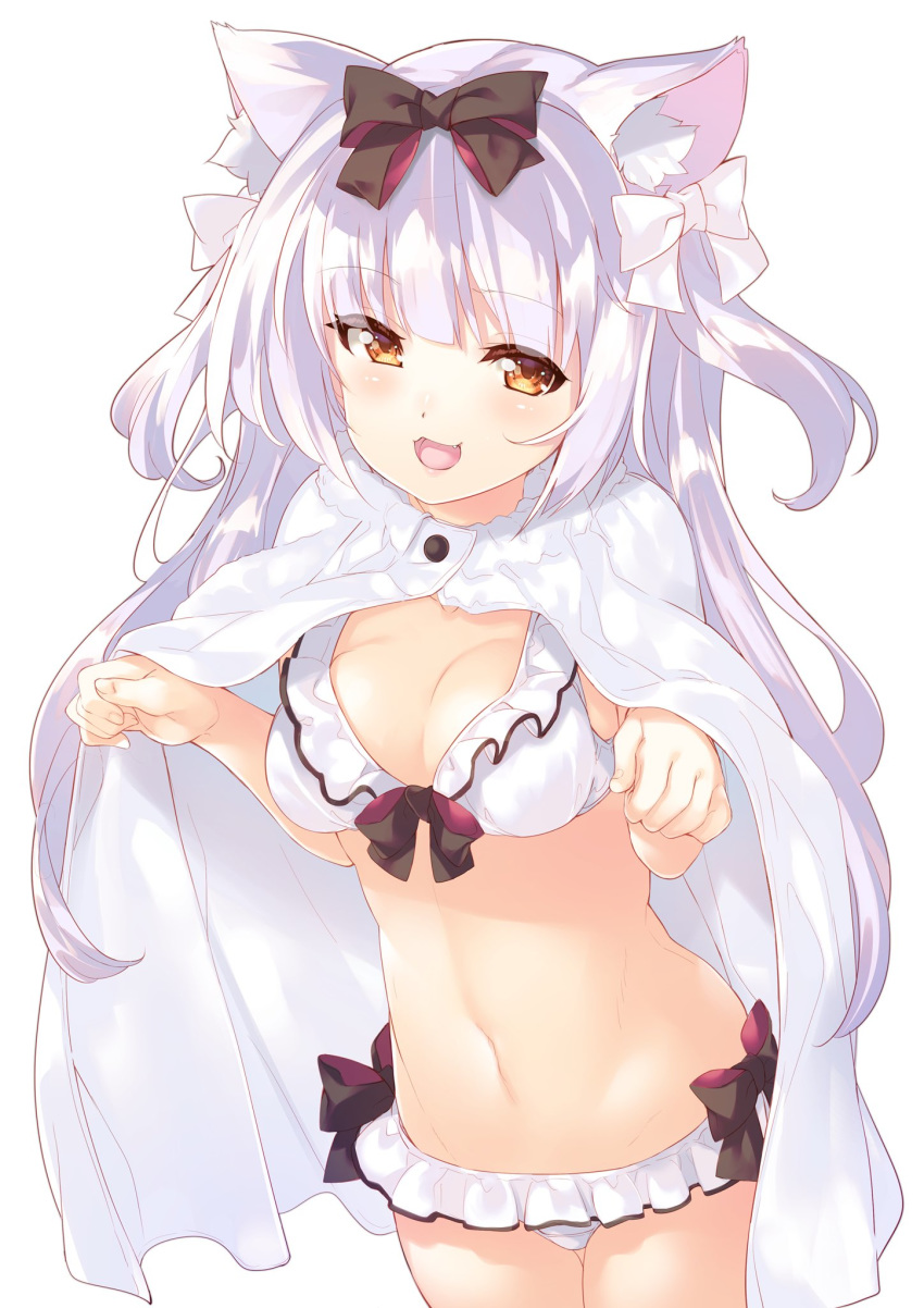 :3 :d animal_ears azur_lane bangs bikini bikini_skirt black_bow black_ribbon blush bow breasts brown_eyes cat_ears cleavage commentary_request cowboy_shot eyebrows_visible_through_hair fang fingernails front-tie_bikini front-tie_top groin hair_bow hair_ribbon half-closed_eyes hands_up highres long_hair looking_at_viewer mayuzaki_yuu medium_breasts microskirt navel open_mouth paw_pose ribbon shiny shiny_hair shiny_skin side-tie_bikini sidelocks silver_hair simple_background skirt smile solo standing stomach swimsuit two_side_up white_background white_bikini white_bow white_cloak white_ribbon yukikaze_(azur_lane)