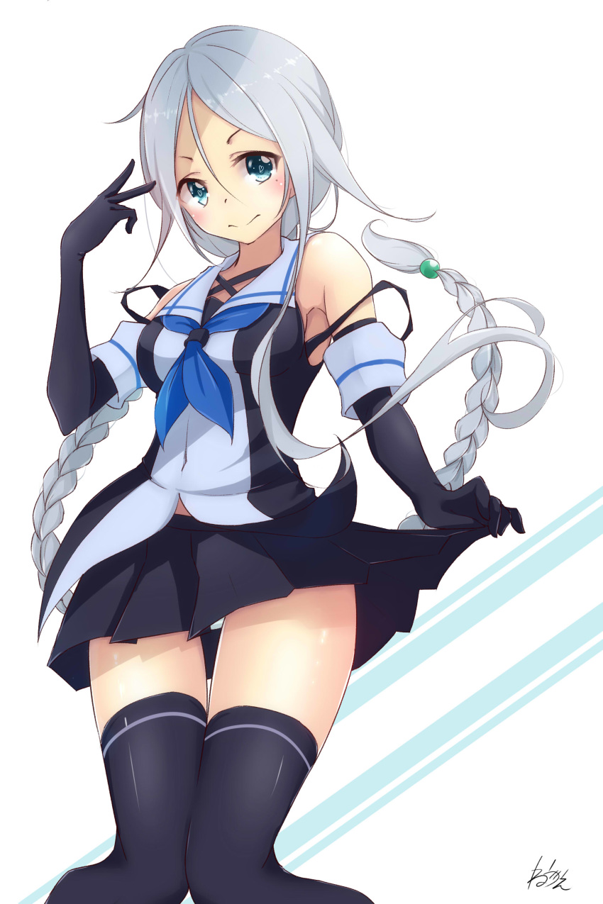 absurdres armpits bangs bare_shoulders beads black_gloves black_legwear black_skirt blue_eyes blue_neckwear blush braid commentary_request covered_navel elbow_gloves from_below gloves hair_beads hair_between_eyes hair_ornament hand_up heart heart_in_eye highres kantai_collection knees_together_feet_apart lifted_by_self long_hair looking_at_viewer miniskirt mole mole_under_eye neckerchief neve panties pantyshot parted_bangs pleated_skirt shirt short_eyebrows sidelocks signature silver_hair single_braid skirt skirt_hold skirt_lift sleeveless sleeveless_shirt solo strap_slip striped striped_panties symbol_in_eye thighhighs umikaze_(kantai_collection) underwear v v-shaped_eyebrows very_long_hair wavy_mouth