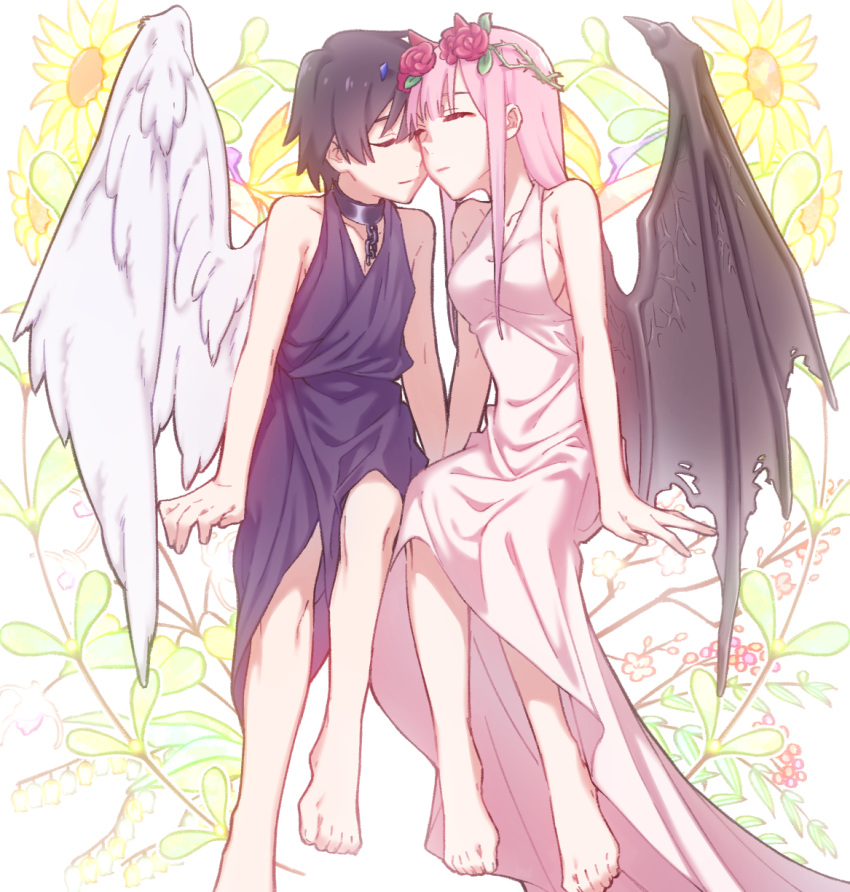 1girl angel_and_devil angel_wings bangs barefoot black_collar black_hair black_wing blue_horns breasts chain chain_necklace cleavage closed_eyes collar collarbone commentary_request couple darling_in_the_franxx demon_wings dress flower forehead-to-forehead hair_flower hair_ornament hetero highres hiro_(darling_in_the_franxx) horns jewelry leje39 long_hair medium_breasts necklace oni_horns pink_dress pink_hair red_horns single_wing sitting sleeveless sleeveless_dress wings zero_two_(darling_in_the_franxx)