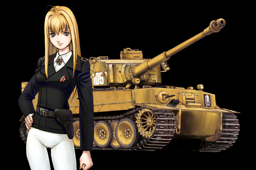 black_background blonde_hair blue_eyes breasts caterpillar_tracks commentary_request ground_vehicle katayama_makoto long_hair military military_uniform military_vehicle motor_vehicle nib_pen_(medium) schaferhund tank tiger_i traditional_media uniform