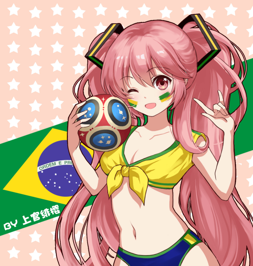 2018_fifa_world_cup ;d \m/ alternate_costume alternate_eye_color alternate_hair_color ball bare_arms blush brazil brazilian_flag breasts buruma chinese_commentary cleavage collarbone commentary_request crop_top eyebrows_visible_through_hair facial_tattoo front-tie_top hair_between_eyes hands_up hatsune_miku holding holding_ball long_hair looking_at_viewer medium_breasts midriff navel one_eye_closed open_mouth pink_background pink_eyes pink_hair shangguan_feiying shirt smile soccer soccer_ball solo standing star starry_background stomach tattoo tied_shirt twintails upper_body very_long_hair vocaloid world_cup yellow_shirt