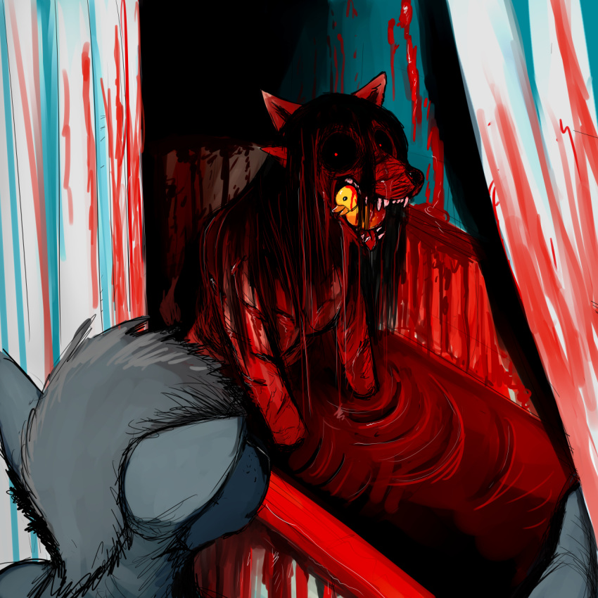 anthro bathtub blood blood_bath canine dog duo fangs female ghost_pupper glowing glowing_eyes gore hair hladilnik long_hair mammal nightmare_fuel nude open_mouth partially_submerged red_eyes rubber_duck shower_curtain sitting