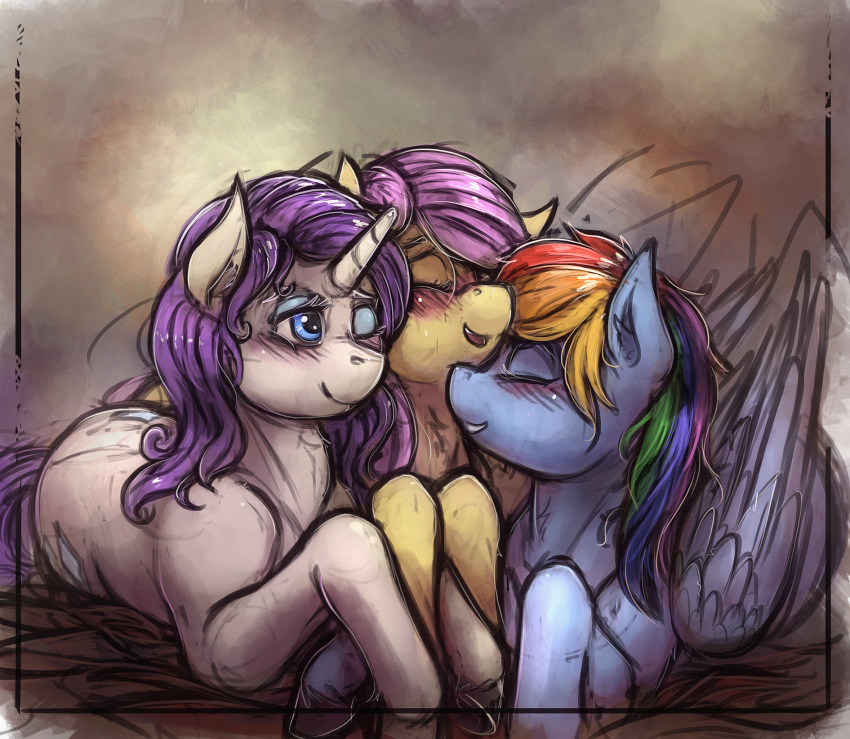 2018 bantha blush equine eyes_closed feathered_wings feathers female feral fluttershy_(mlp) friendship_is_magic group hair hi_res horn mammal multicolored_hair my_little_pony one_eye_closed pegasus rainbow_dash_(mlp) rainbow_hair rarity_(mlp) smile unicorn wings