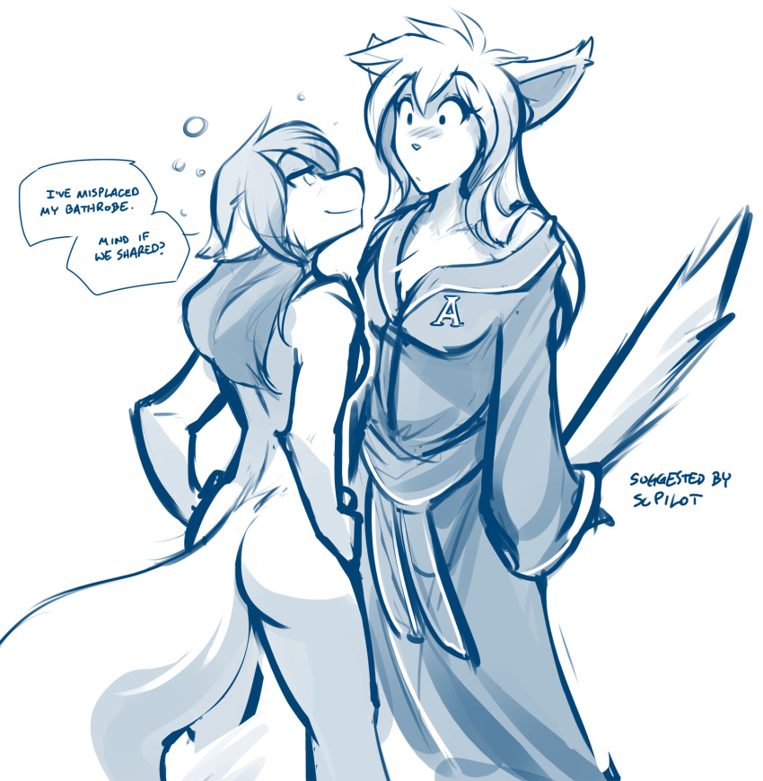 2018 anthro basitin bathrobe blush breasts butt canine casual_nudity chest_tuft clothed clothing dialogue drunk duo english_text female female/female flirting half-closed_eyes hands_on_hips hi_res humor keidran king_adelaide mammal monochrome natani nude robe side_boob simple_background sketch smile tail_boner text tom_fischbach tuft twokinds webcomic white_background wolf