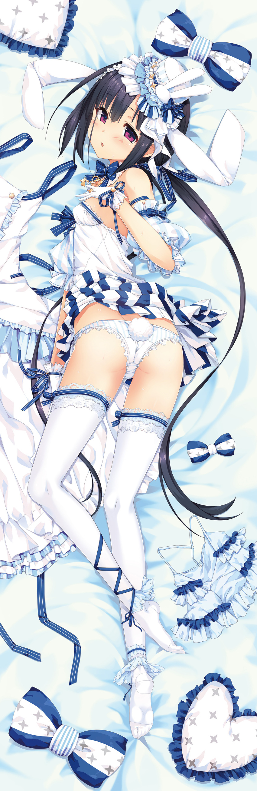 absurdres animal_ears ass bangs bare_shoulders bed_sheet black_hair blue_bow blue_ribbon blush bow breasts bunny_ears bunny_girl bunny_tail cura dakimakura detached_sleeves eyebrows_visible_through_hair fantia_reward feet frilled_pillow frills gloves hair_between_eyes hand_on_own_chest hand_up hat hayase_fukami head_tilt heart heart_pillow highres long_hair looking_at_viewer looking_back low_twintails maitetsu mini_hat mini_top_hat no_shoes paid_reward panties parted_lips pillow pleated_skirt puffy_short_sleeves puffy_sleeves purple_eyes ribbon shirt short_sleeves skirt skirt_lift sleeveless sleeveless_shirt small_breasts soles solo striped striped_bow striped_ribbon tail thighhighs top_hat twintails underwear vertical-striped_hat vertical-striped_panties vertical-striped_skirt vertical_stripes very_long_hair white_gloves white_legwear white_shirt