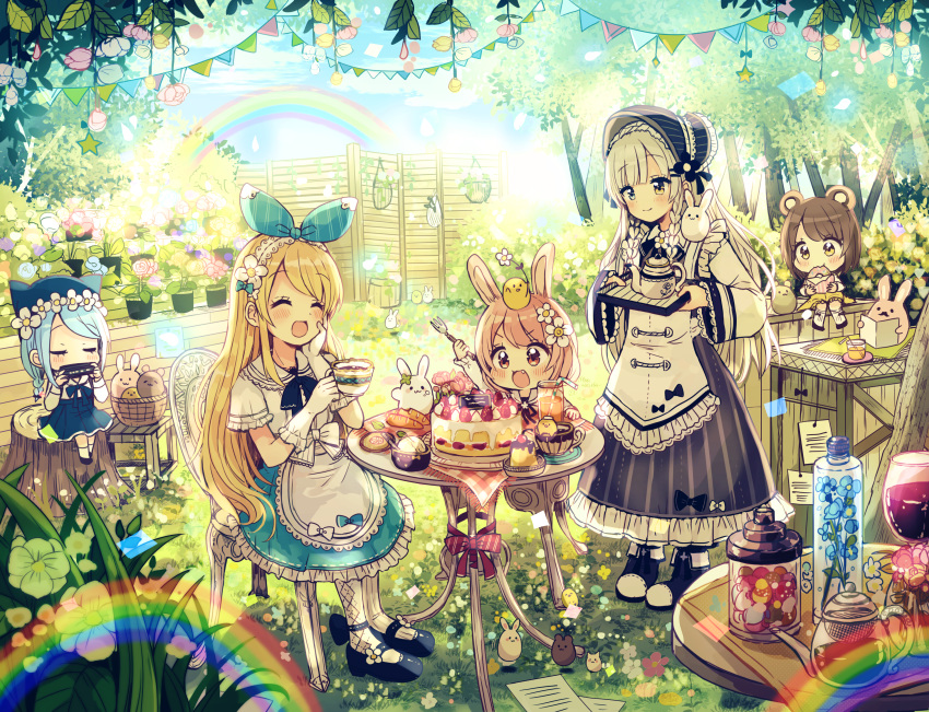 :d ^_^ absurdres alice_(wonderland) alice_in_wonderland animal animal_ears animal_hat ankle_bow ankle_ribbon ankle_strap apron argyle argyle_legwear bangs basket bear_ears bird black_footwear black_hair black_neckwear blonde_hair blue_neckwear blue_ribbon blue_skirt bonnet bow brown_eyes brown_hair bunny bunny_ears bunny_on_shoulder cake cat_hat chair chick chick_on_head closed_eyes commentary_request cup day dress eating elbow_gloves eyebrows_visible_through_hair fangs flower food fork frilled_dress frilled_sleeves frills gloves grey_hair hair_flower hair_ornament hair_ribbon hairband hand_on_own_face harmonica hat head_wreath highres holding holding_cup holding_tray huge_filesize instrument jewelry long_hair long_sleeves multiple_girls music neck_ribbon open_mouth original outdoors pendant pink_eyes pink_flower pink_hair plant playing_instrument potted_plant pudding rainbow ribbon sailor_collar sakura_oriko short_hair short_sleeves side_braids sitting skirt smile standing string_of_flags table teacup teapot tray tree tree_stump v-shaped_eyebrows white_flower white_gloves