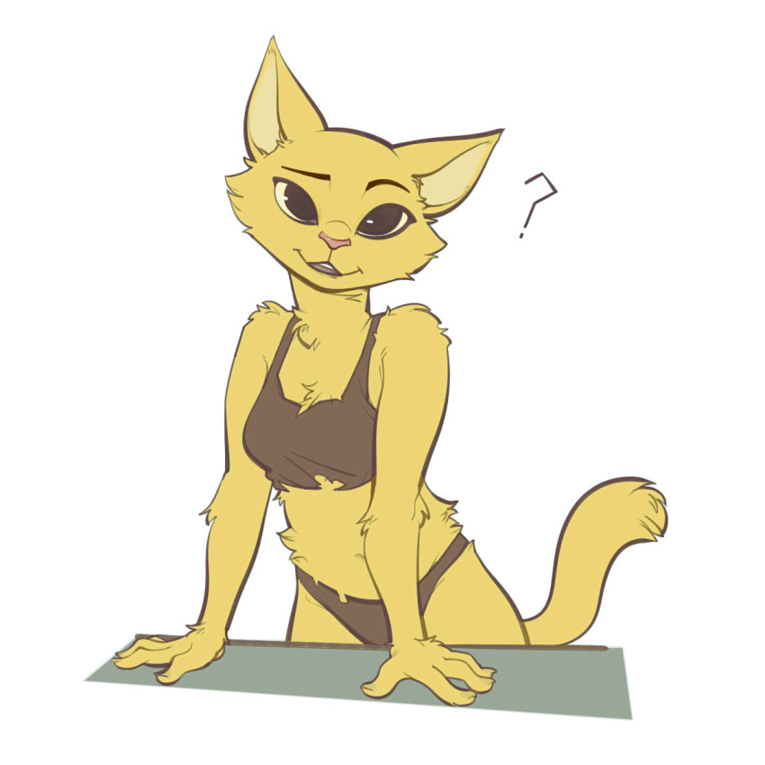 2018 4_fingers ? anthro bra breasts chest_tuft clothing digital_media_(artwork) feline female fur junyois katia_managan khajiit leaning leaning_forward looking_at_viewer mammal navel open_mouth panties prequel simple_background smile solo standing the_elder_scrolls tuft underwear video_games white_background yellow_fur