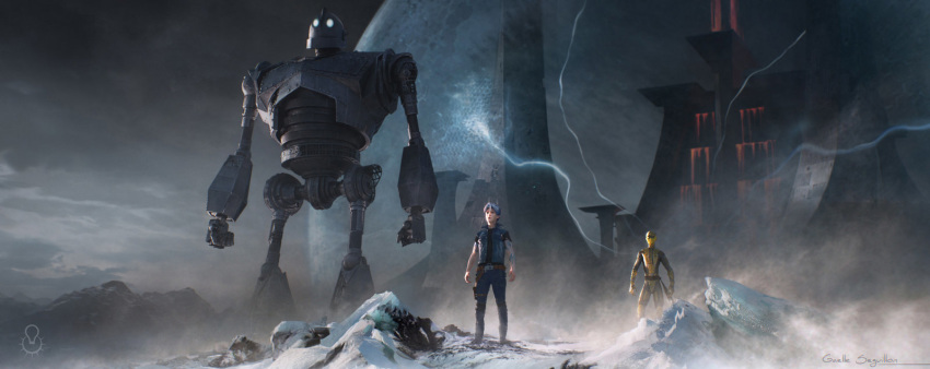 castle cloud energy energy_field fainernil glowing glowing_eyes highres iron_giant_(mecha) mecha mountain multiple_boys ninja official_art parzival production_art ready_player_one realistic robot science_fiction shoto signature snow spoilers the_iron_giant wade_owen_watts zhou