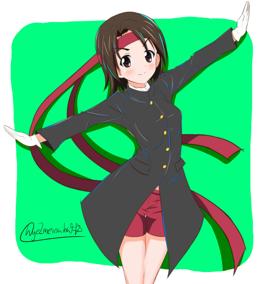 absurdres bangs black_coat brown_eyes brown_hair closed_mouth commentary cowboy_shot gakuran getsumen_suibaku_ver._a(c) girls_und_panzer gloves green_background headband highres looking_at_viewer ouendan outside_border outstretched_arms parted_bangs red_headband red_shorts rounded_corners sawa_azusa school_uniform shadow short_hair shorts smile solo spread_arms standing twitter_username white_gloves