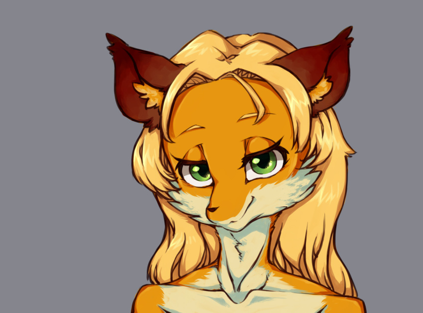 2018 anthro aya black_nose canine female fox fur gold_hair green_eyes hair hippothrombe long_hair looking_at_viewer mammal orange_fur smile solo