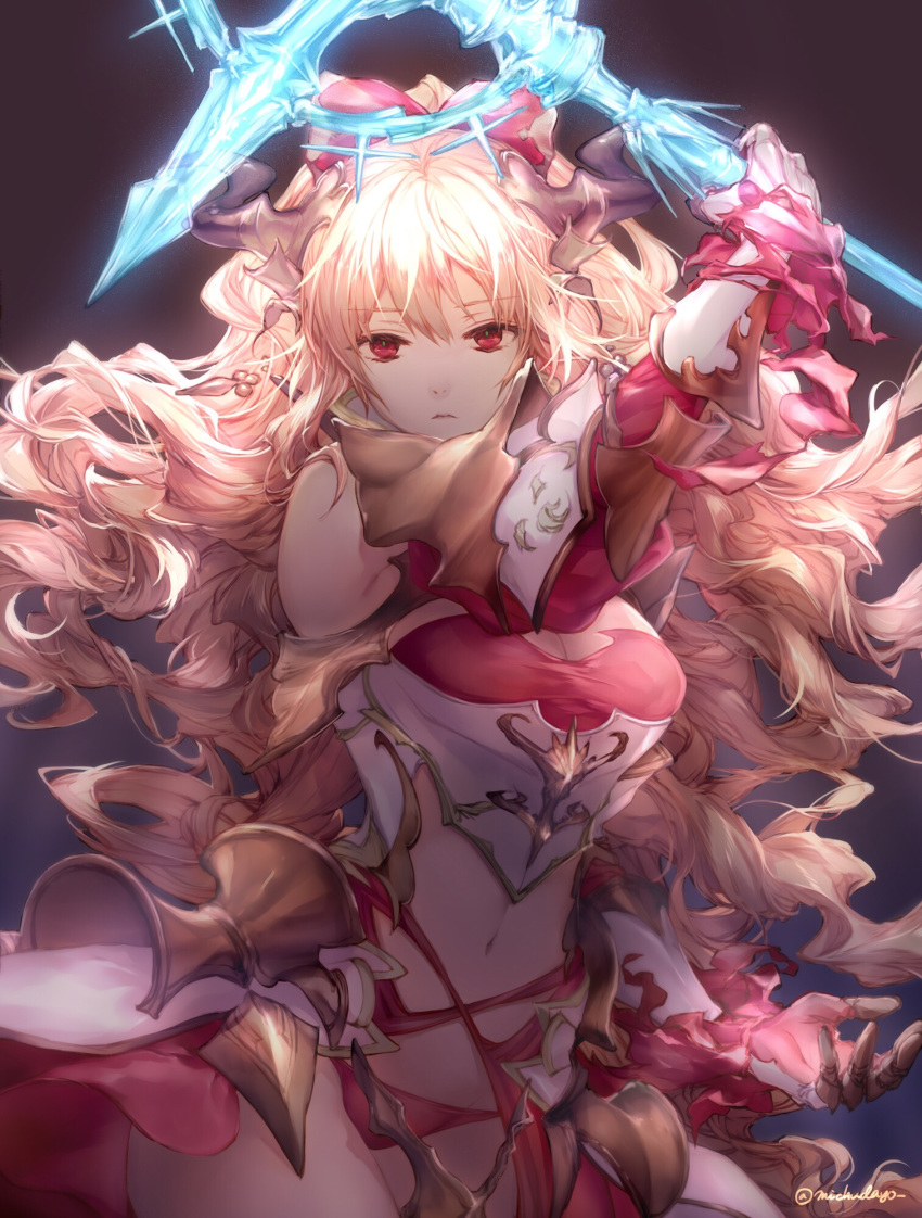 armor bare_shoulders bikini_bottom blonde_hair breasts cleavage commentary elbow_gloves frown gauntlets gloves granblue_fantasy hair_ribbon highres horns long_hair medium_breasts michudx navel red_eyes ribbon solo torn_clothes vira_lilie wavy_hair