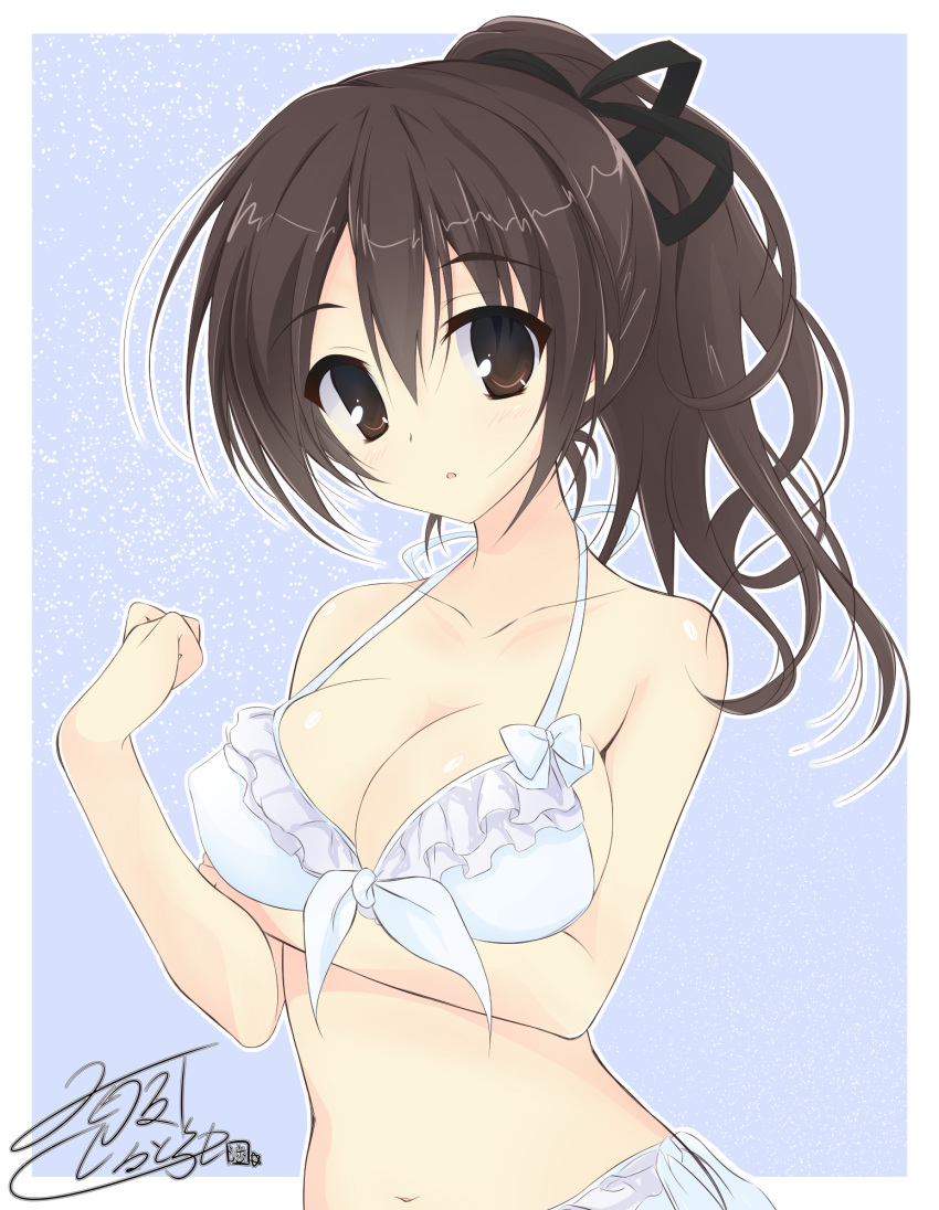 alternate_hair_length alternate_hairstyle arm_under_breasts artist_name bangs bikini black_ribbon blue_background breast_hold breasts brown_eyes brown_hair clenched_hand commentary frilled_bikini frills front-tie_bikini front-tie_top getsumen_suibaku_ver._a(c) girls_und_panzer hair_ribbon highres koyama_yuzu light_particles long_hair looking_at_viewer medium_breasts outside_border parted_lips ponytail ribbon side-tie_bikini signature solo standing swimsuit upper_body white_bikini