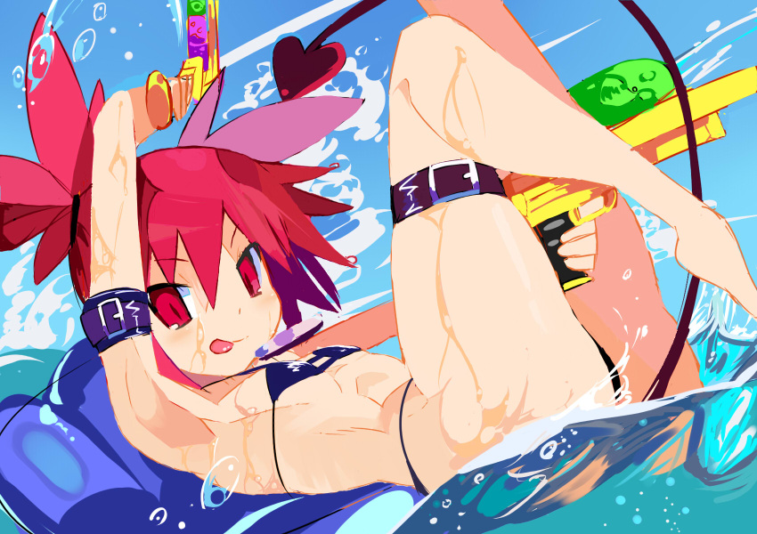 :q arm_belt armpits ass bikini black_bikini breasts commentary demon_tail disgaea dual_wielding dutch_angle etna flat_chest highres holding leg_belt looking_at_viewer makai_senki_disgaea miyakawa106 ocean partially_submerged red_eyes red_hair short_twintails sketch small_breasts smile splashing swimsuit tail thigh_strap tongue tongue_out twintails water_gun wet