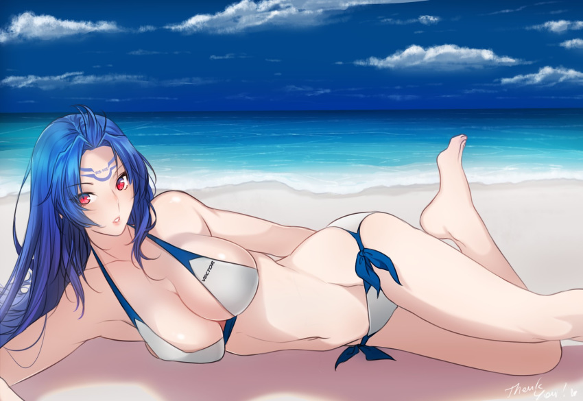 bare_shoulders barefoot beach bikini blue_hair blue_sky breasts cleavage cloud collarbone commentary day engrish_commentary eyebrows_visible_through_hair forehead_tattoo halterneck highres kos-mos kos-mos_ver._3 large_breasts long_hair lying navel ocean on_side outdoors parted_lips red_eyes sand side-tie_bottom sideboob sky swimsuit tusia water waves white_bikini xenosaga xenosaga_episode_ii