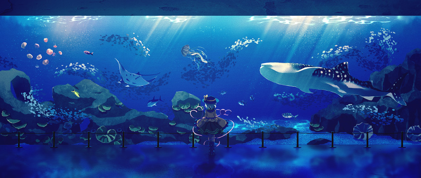 aqua_hair aquarium arms_at_sides boots commentary_request dise fish frilled_sleeves frills from_behind green_skirt hat hat_ribbon heart heart_of_string highres indoors jellyfish knee_boots komeiji_koishi manta_ray reflective_floor ribbon rock sand shirt short_hair skirt sleeves_past_fingers sleeves_past_wrists solo stanchion standing third_eye touhou whale_shark wide_sleeves yellow_ribbon yellow_shirt