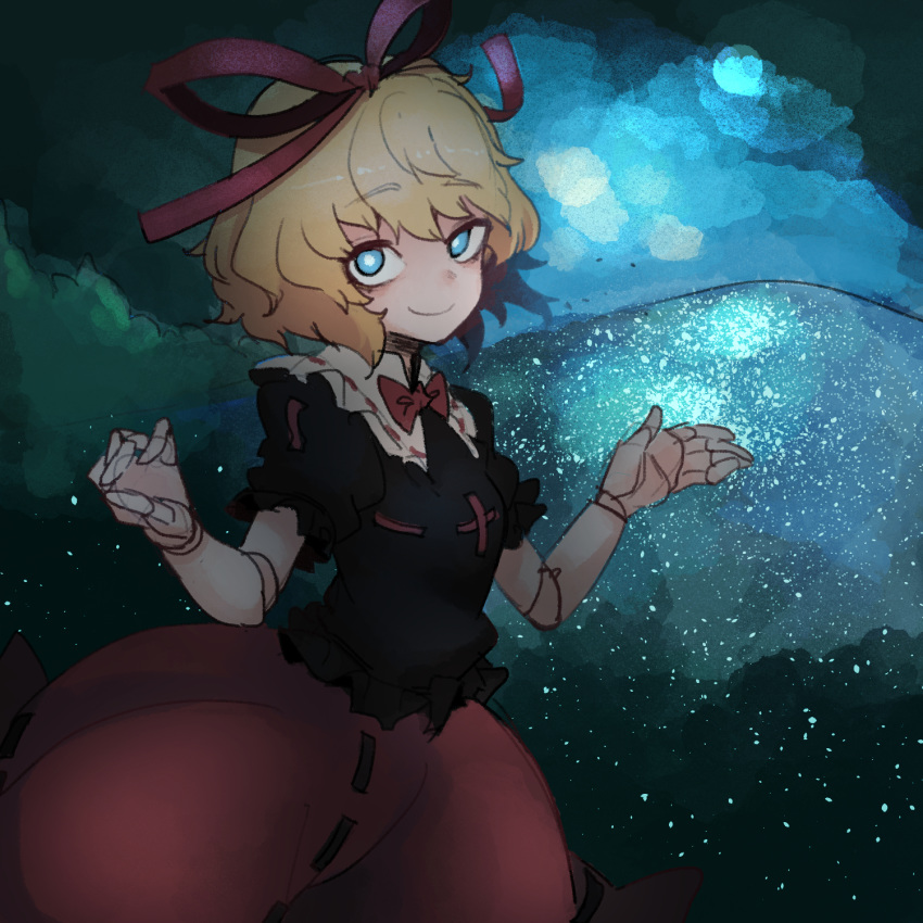 1girl blonde_hair blue_eyes breasts doll doll_joints eyebrows eyebrows_visible_through_hair hair_ribbon highres looking_at_viewer medicine_melancholy medium_hair night night_sky particles phantasmagoria_of_flower_view pigeoncrow poison red_ribbon ribbon sky small_breasts smile touhou