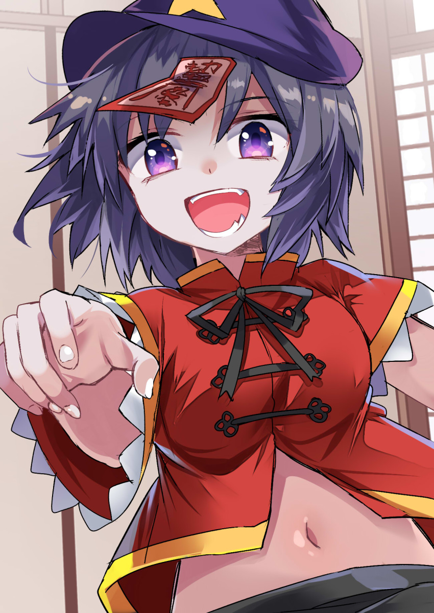 :d black_neckwear black_ribbon black_skirt blue_hair breasts cabbie_hat commentary_request e.o. eyebrows_visible_through_hair fangs hat highres jiangshi looking_at_viewer medium_breasts midriff miyako_yoshika navel neck_ribbon ofuda open_mouth outstretched_arms purple_eyes purple_hat red_shirt ribbon shirt short_hair short_sleeves skirt smile solo star stomach touhou upper_body zombie_pose