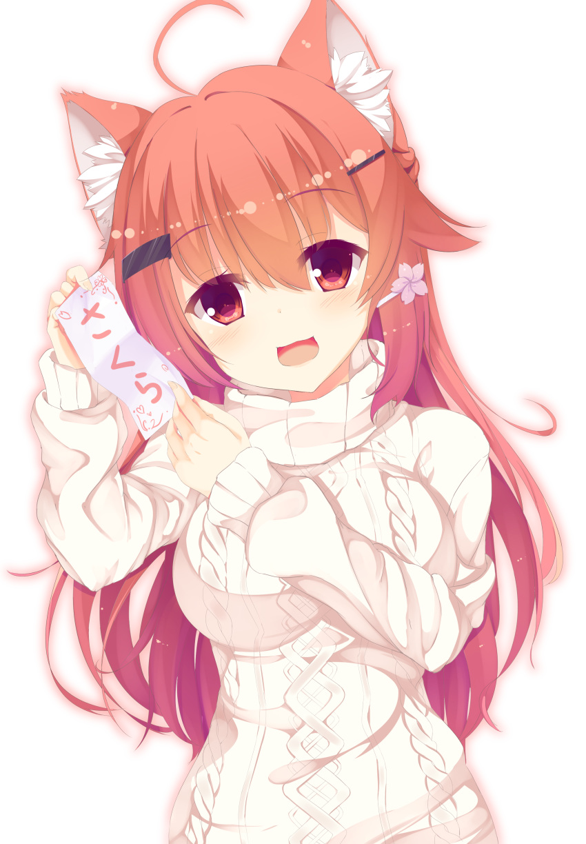 :d absurdres ahoge animal_ears aran_sweater blush breasts highres holding holding_paper long_hair looking_at_viewer medium_breasts open_mouth original paper red_eyes red_hair segaxtu sleeves_past_wrists smile solo sweater translation_request turtleneck turtleneck_sweater upper_body white_sweater