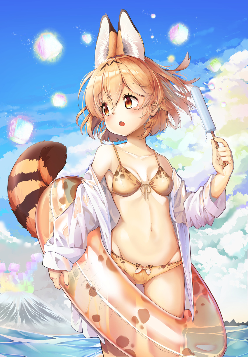 :o absurdres adapted_costume animal_ears animal_ears_(artist) beach bikini blonde_hair blue_sky breasts cloud cloudy_sky collarbone day extra_ears food front-tie_top highres innertube kemono_friends looking_to_the_side navel ocean off_shoulder open_clothes open_mouth outdoors popsicle sandstar see-through_silhouette serval_(kemono_friends) serval_ears serval_print serval_tail shirt short_hair sky small_breasts solo striped_tail swimsuit tail water wet wet_clothes wet_shirt white_shirt yellow_eyes