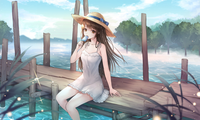 absurdres arm_up armpit_crease bangs bare_arms bare_shoulders blue_ribbon blue_sky blurry breasts brown_eyes brown_hair cloud collarbone day depth_of_field dress eyebrows_visible_through_hair feet_out_of_frame food glint grass hat hat_ribbon highres lake light_particles long_hair looking_at_viewer mountainous_horizon open_mouth original outdoors pier popsicle post ribbon shore sitting sky sleeveless sleeveless_dress small_breasts smi_(sunmi_ji_50) solo spaghetti_strap straw_hat summer sundress swept_bangs tree very_long_hair water water_drop white_dress