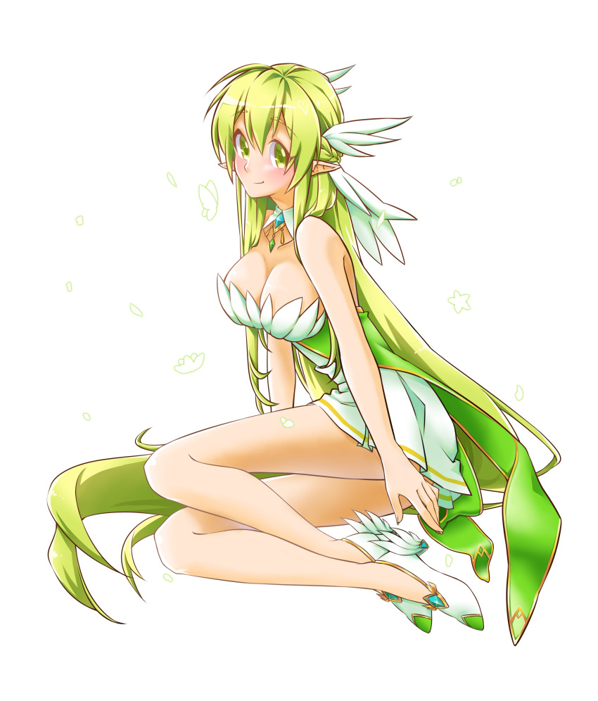 absurdres bare_shoulders blush breasts cleavage commentary_request detached_collar dress elf elsword grand_archer_(elsword) green_eyes green_hair hair_ornament highres ip large_breasts long_hair looking_at_viewer pointy_ears rena_(elsword) solo very_long_hair