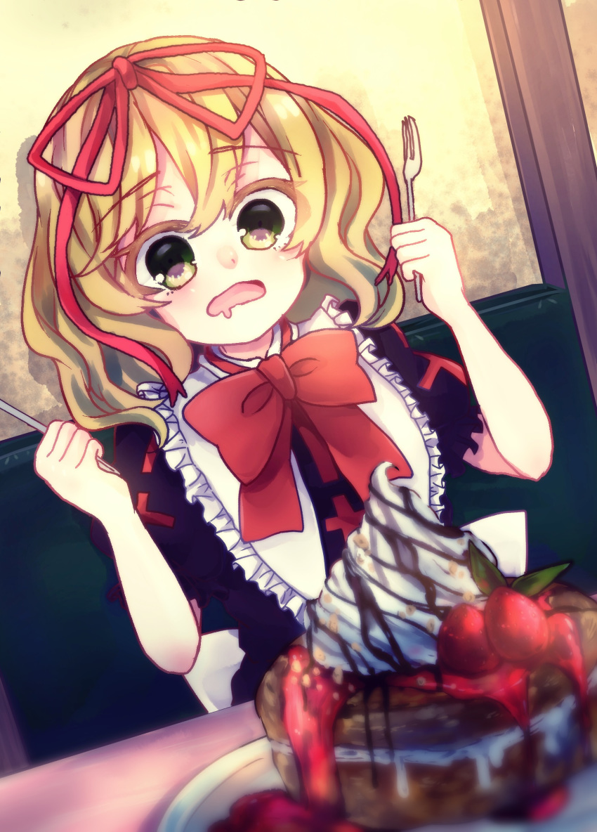 1girl absurdres alternate_eye_color blonde_hair blush chocolate_syrup doll drooling food fork frilled_shirt_collar frills fruit hair_ribbon highres holding holding_fork holding_knife hungry knife medicine_melancholy mutsumi326 pancake plate puffy_short_sleeves puffy_sleeves ribbon saliva short_sleeves strawberry touhou whipped_cream yellow_eyes