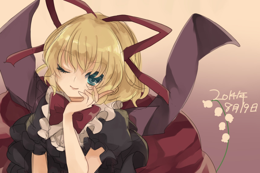blonde_hair blue_eyes commentary_request eyebrows_visible_through_hair flower hair_ribbon hand_on_own_cheek lily_of_the_valley looking_at_viewer medicine_melancholy medium_hair one_eye_closed puffy_short_sleeves puffy_sleeves red_ribbon red_skirt ribbon short_sleeves skirt smile touhou xxskmks