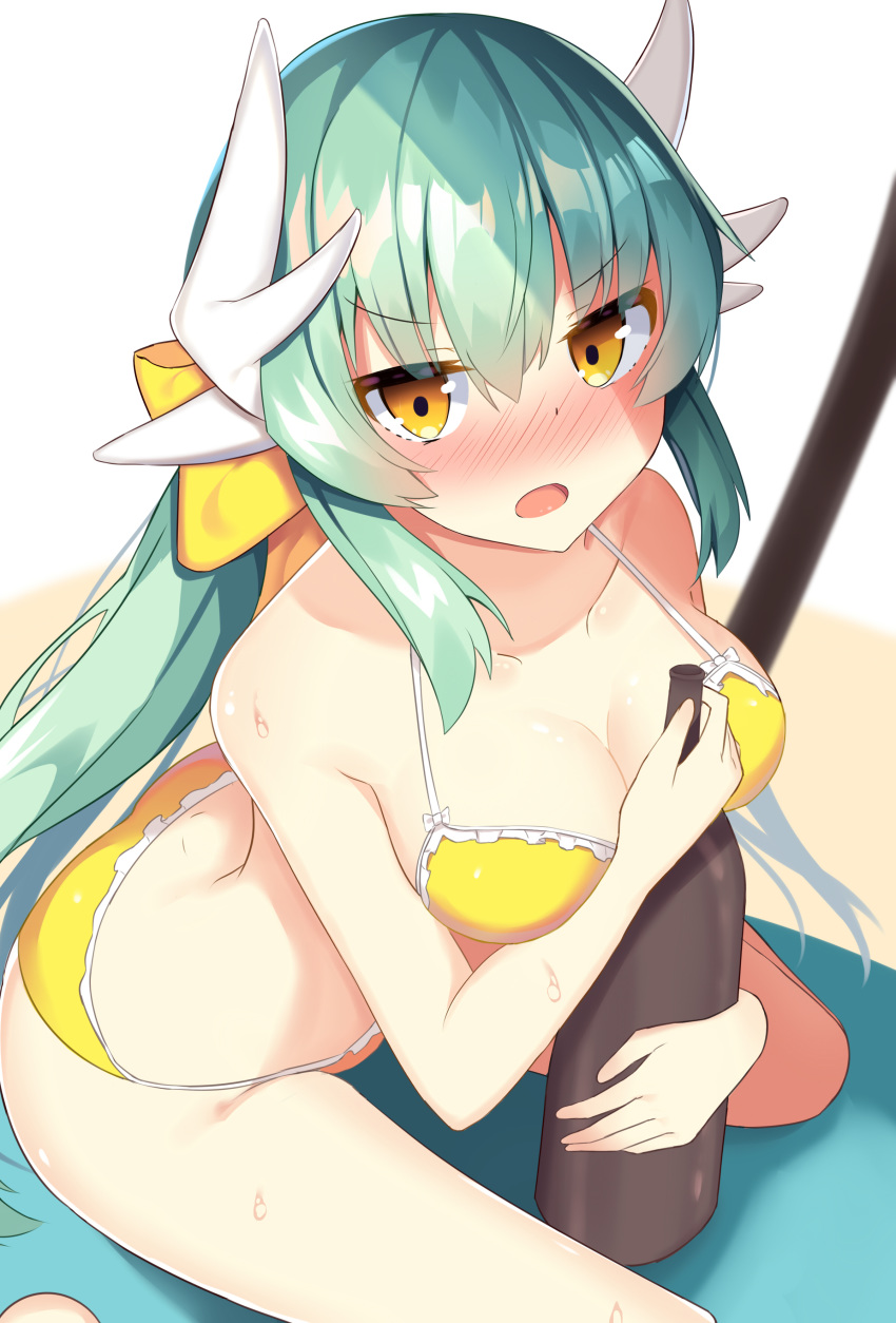 absurdres alcohol bangs beach blush bow breasts cleavage collarbone dragon_horns drunk fate/grand_order fate_(series) green_hair hair_between_eyes hair_bow hair_ornament hair_ribbon highres horns kiyohime_(fate/grand_order) kiyohime_(swimsuit_lancer)_(fate) long_hair looking_at_viewer mizuki_ryuu nose_blush open_mouth ribbon sake sand sweatdrop swimsuit thighs yellow_bow yellow_eyes