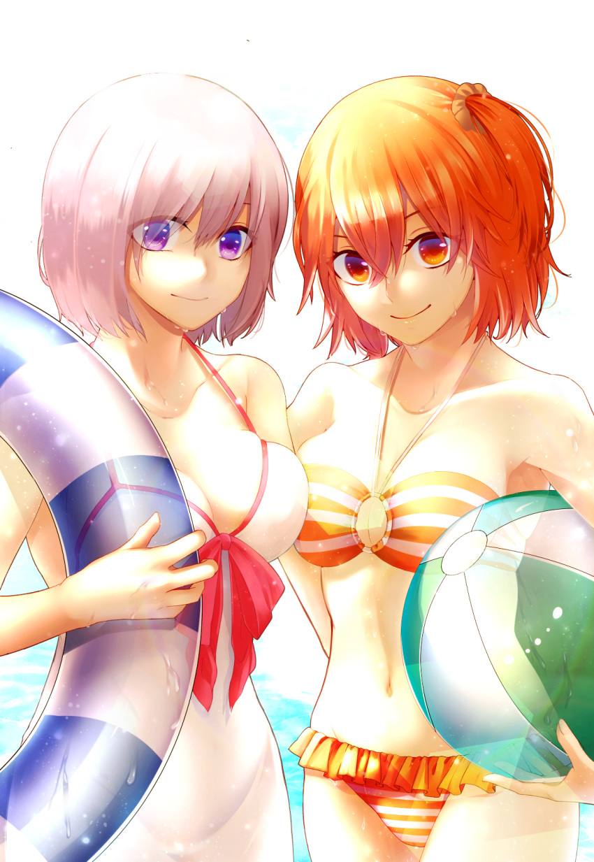arm_behind_back armpits asymmetrical_docking ball bangs bare_shoulders beachball bikini blush bow bow_swimsuit breast_press breasts brilliant_summer cleavage cleavage_cutout closed_mouth collarbone cowboy_shot dress dress_swimsuit eyebrows_visible_through_hair eyes_visible_through_hair fate/grand_order fate_(series) frilled_bikini frills fujimaru_ritsuka_(female) hair_between_eyes hair_ornament hair_over_one_eye hair_scrunchie halter_top halterneck highres hips holding holding_ball holding_innertube horizontal_stripes innertube large_breasts lavender_hair light_particles light_smile looking_at_viewer mash_kyrielight medium_breasts multiple_girls navel o-ring o-ring_bikini o-ring_top one_eye_covered one_side_up orange_bikini orange_eyes orange_hair orange_scrunchie parted_bangs pink_bow purple_eyes purple_hair satsuki_ame scrunchie short_hair side-by-side smile standing straight_hair strap_gap striped striped_bikini swimsuit swimsuit_of_perpetual_summer transparent water wet white_bikini white_dress white_swimsuit