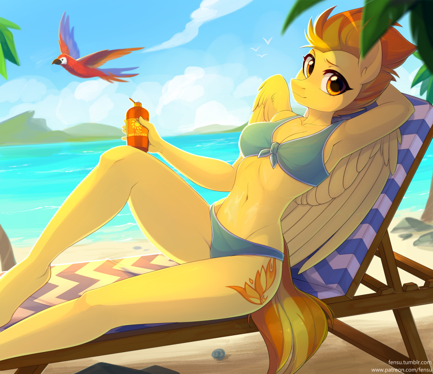 2018 absurd_res anthro avian beach bikini bird clothing cutie_mark digital_media_(artwork) equine feathered_wings feathers female fensu-san friendship_is_magic hair hi_res holding_object looking_at_viewer mammal my_little_pony outside parrot pegasus seaside solo spitfire_(mlp) swimsuit water wings wonderbolts_(mlp)