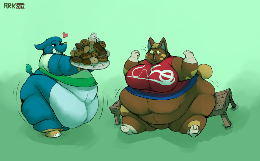 &lt;3 2016 3_toes 4_toes animal_crossing anthro anthro_on_anthro arkveveen_(artist) axel_(animal_crossing) barefoot bedroom_eyes belly bench big_belly biped black_eyes blue_hair blue_tail blush bottomless brown_body brown_tail candy cat chocolate chocolate_chip_cookie clothed clothing cookie crumbs deep_navel digital_drawing_(artwork) digital_media_(artwork) doughnut duo eclair elephant fangs featureless_crotch feeding feline female food full-length_portrait gloves_(marking) green_background green_clothing green_tail hair half-closed_eyes holding_object hooves hyper hyper_belly interspecies katt_(animal_crossing) male male/female mammal markings morbidly_obese motion_lines multicolored_body navel nintendo obese obese_female obese_male on_bench open_mouth orange_body orange_hair orange_stripes orange_tail overweight overweight_female overweight_male plate portrait red_clothing seductive shadow shirt short_hair simple_background sitting smile socks_(marking) soles sparking standing star star_eyes striped_body stripes tail_tuft thick_thighs toes trunk tuft two_tone_tail video_games walking whipped_cream white_body white_hooves