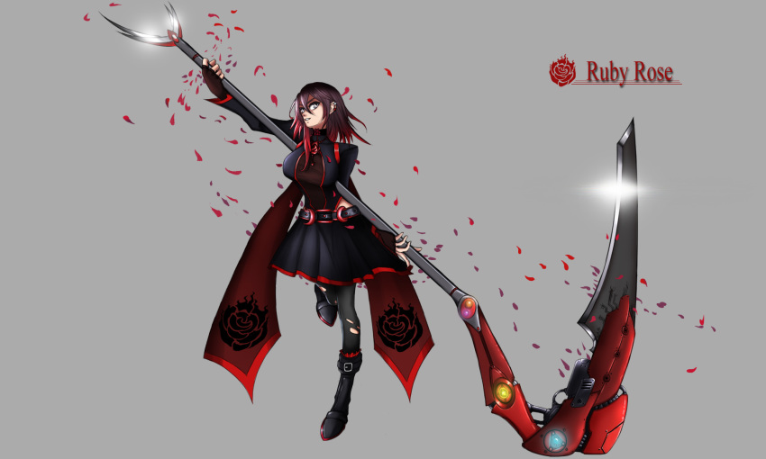 alternate_costume alternate_hairstyle black_dress black_hair boots breasts cloak commentary crescent_rose dress english_commentary highres hood hooded_cloak kurokamirin large_breasts long_hair multicolored_hair red_hair ruby_rose rwby silver_eyes solo two-tone_hair