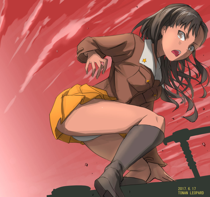 absurdres arm_support artist_name asymmetrical_bangs bangs black_footwear boots brown_eyes brown_hair brown_jacket chi-hatan_military_uniform commentary dated frown girls_und_panzer ground_vehicle highres jacket knee_boots long_hair long_sleeves looking_at_viewer looking_back military military_uniform military_vehicle miniskirt motor_vehicle nishi_kinuyo open_mouth panties pantyshot pantyshot_(squatting) pleated_skirt red_sky skirt sky solo squatting tank tonan_leopard type_97_chi-ha underwear uniform white_panties wind