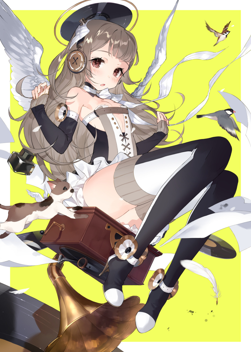 :o angel angel_wings animal ankle_strap bangs bird black_hair blush boots brown_eyes brown_hair cat choker clenched_hands commentary cross-laced_clothes detached_collar detached_sleeves dress english_commentary feathered_wings feathers flat_chest green_background halo hands_up head_wings headphones high_heel_boots high_heels highres inkwell long_hair looking_at_viewer original outside_border papers phonograph pun record ribbon ribbon_choker sitting sleeves_past_wrists solo speaker strapless strapless_dress thigh_boots thighhighs tonito white_feathers white_ribbon white_wings winged_animal wings yellow_background