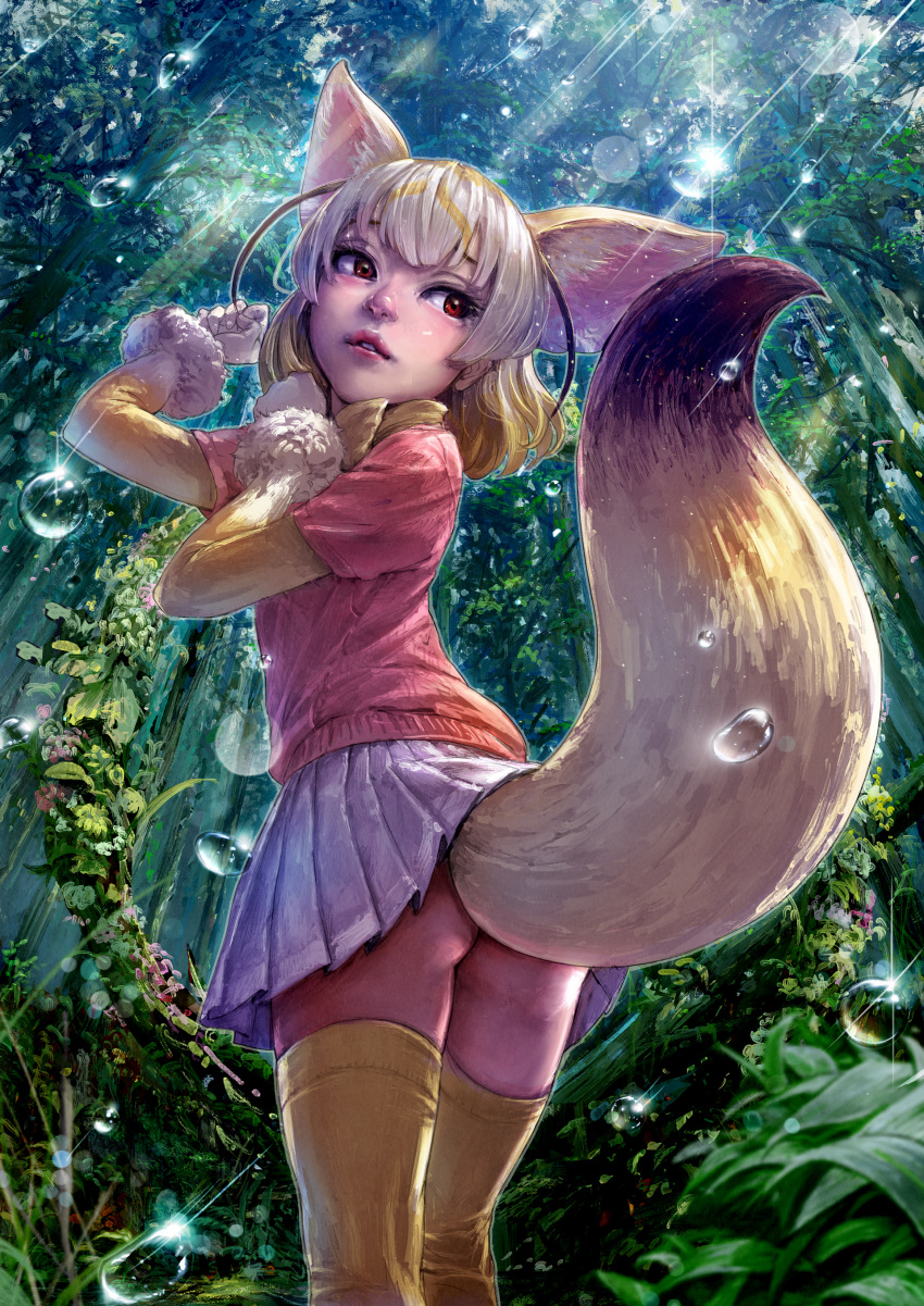 absurdres animal_ears ass blonde_hair commentary_request day extra_ears fennec_(kemono_friends) forest fox_ears fox_tail fur_trim gloves highres kemono_friends miniskirt nature no_panties outdoors pleated_skirt realistic red_eyes short_sleeves skirt solo tail takami_masahiro thighhighs water_drop white_gloves white_skirt yellow_legwear yellow_neckwear