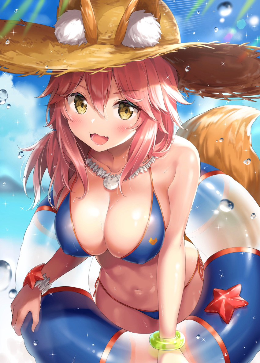 absurdres ale_nqki animal_ear_fluff animal_ears bikini blue_bikini blue_sky blurry blush breasts cleavage cloud commentary_request covered_nipples depth_of_field eyebrows_visible_through_hair fate/grand_order fate_(series) fox_ears fox_tail hair_between_eyes hat highres innertube jewelry large_breasts looking_at_viewer navel necklace open_mouth pink_hair sand_dollar side-tie_bikini skindentation sky smile solo starfish straw_hat swimsuit tail tamamo_(fate)_(all) tamamo_no_mae_(swimsuit_lancer)_(fate) wet yellow_eyes