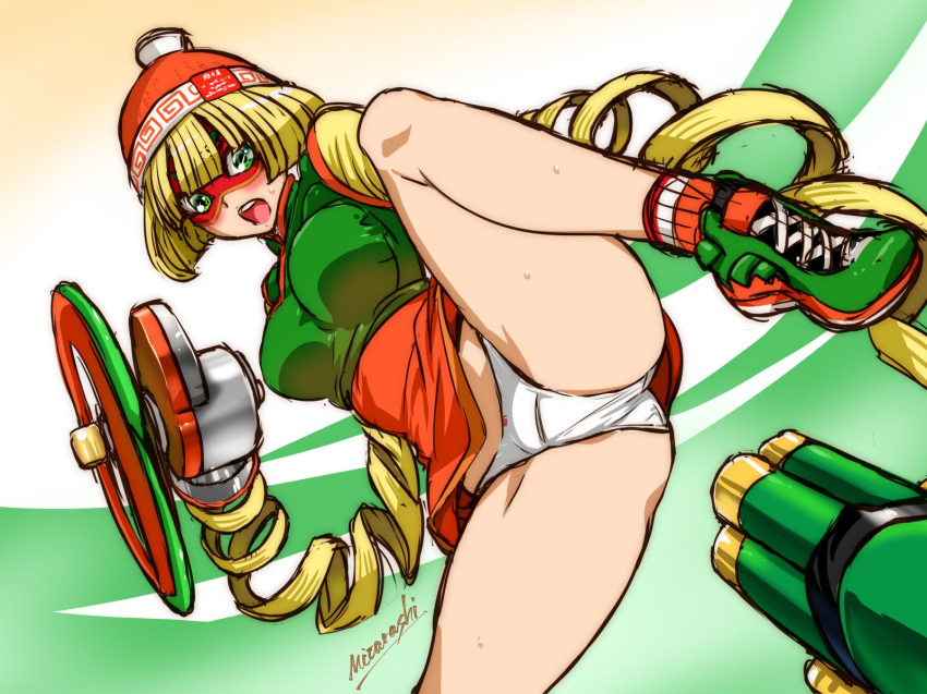 arms_(game) ass beanie blonde_hair blush breasts chinese_clothes domino_mask fighting_stance green_eyes hat high_kick highres impossible_clothes kicking large_breasts mask min_min_(arms) mitarashi_kousei open_mouth panties pantyshot pantyshot_(kicking) punching shiny shiny_hair short_hair signature solo split standing standing_on_one_leg standing_split sweat underwear white_panties
