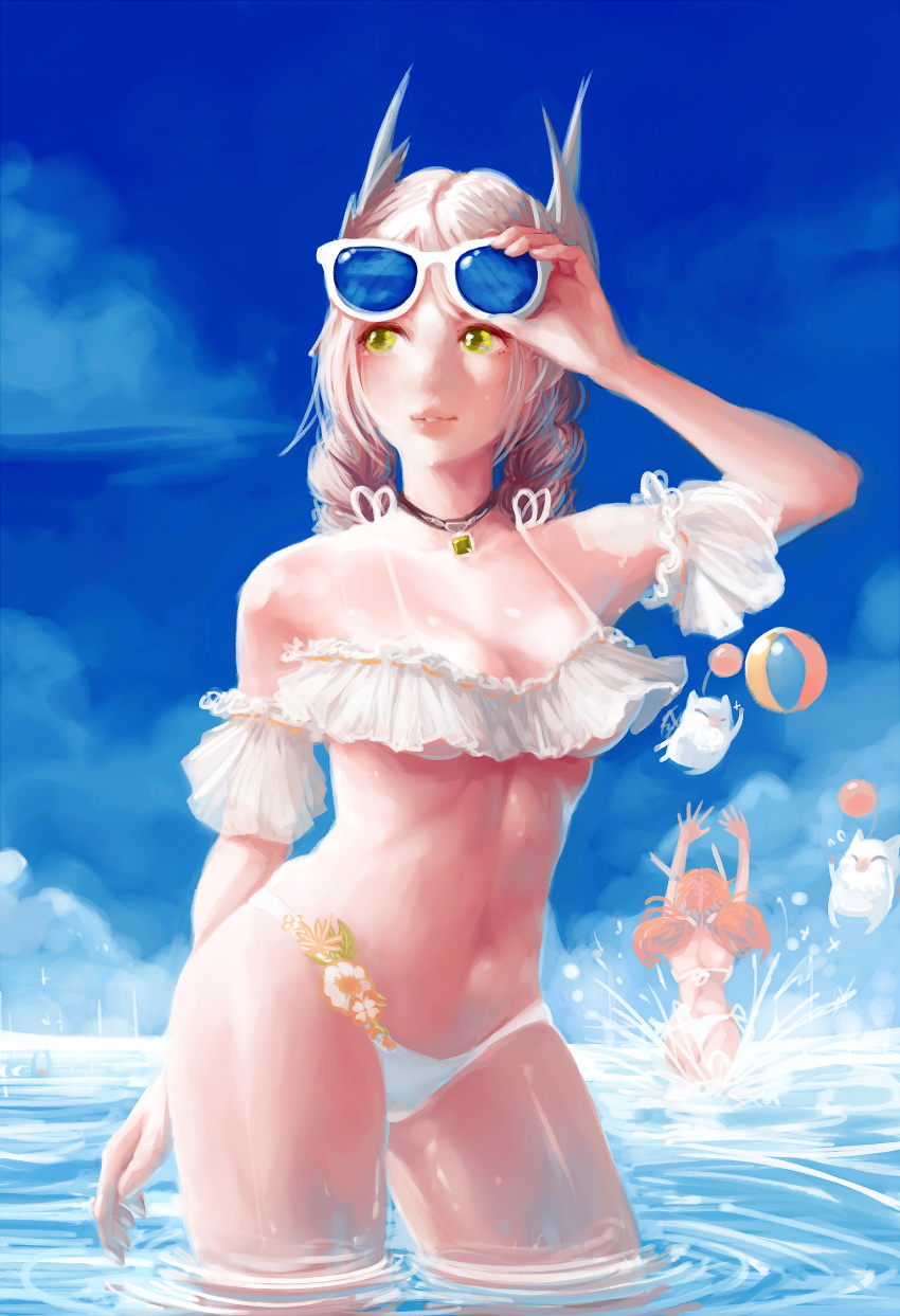 2girls a-ruhn-senna adjusting_eyewear arm_up ball beachball bikini blonde_hair blue_sky braid breasts brown_hair choker cleavage closed_mouth cowboy_shot day demstouts detached_sleeves final_fantasy final_fantasy_xiv frilled_bikini frills highres horns kan-e-senna legs_apart lips long_hair medium_breasts moogle multiple_girls raya-o-senna siblings sky smile solo_focus sunglasses swimsuit twin_braids twintails underboob water white_bikini yellow_eyes