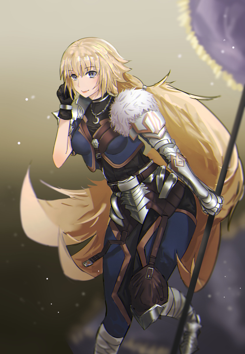 absurdres armor armored_boots asymmetrical_gloves bangs banner black_gloves blacloud blonde_hair blue_eyes blunt_bangs boots cosplay cu_chulainn_(fate/prototype) cu_chulainn_(fate/prototype)_(cosplay) fate/apocrypha fate/grand_order fate/prototype fate_(series) floating_hair fur_trim gauntlets gloves hair_ornament hand_in_hair highres holding jeanne_d'arc_(fate) jeanne_d'arc_(fate)_(all) jewelry leg_up long_hair looking_at_viewer necklace pants ponytail smile solo standing standing_on_one_leg very_long_hair