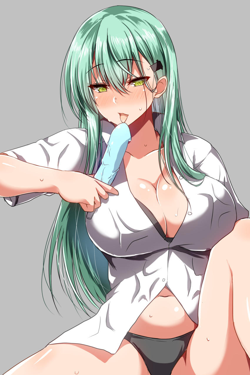 absurdres aqua_hair ar_(lover_boy) bangs black_panties blush breasts cleavage collarbone collared_shirt eyebrows_visible_through_hair eyes_visible_through_hair food green_eyes grey_background hair_ornament hairclip highres holding holding_food kantai_collection knee_up large_breasts long_hair looking_at_viewer navel open_mouth panties partially_unbuttoned popsicle sexually_suggestive shiny shiny_skin shirt sidelocks simple_background sitting solo spread_legs stomach suzuya_(kantai_collection) sweat tongue tongue_out underwear wet wet_clothes wet_shirt white_shirt