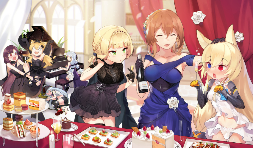 &lt;|&gt;_&lt;|&gt; 6+girls :d :o animal_ears black_gloves blonde_hair blue_dress blue_eyes blue_hair blush bow braid brown_hair cake candle cat_ears cat_tail champagne_bottle champagne_flute closed_eyes commentary_request cup curtains dress drinking_glass elbow_gloves flower food fox_ears french_braid g11_(girls_frontline) g41_(girls_frontline) girls_frontline gloves grand_piano green_eyes hair_flower hair_ornament hand_on_another's_head heterochromia highres hk416_(girls_frontline) idw_(girls_frontline) indoors instrument jehyun korean_commentary long_hair m1903_springfield_(girls_frontline) macaron mechanical_arms multiple_girls navel open_mouth piano purple_hair red_eyes rose sandwich sleeping smile stomach tail tail_bow tiara twintails v-shaped_eyebrows wa2000_(girls_frontline) welrod_mk2_(girls_frontline)