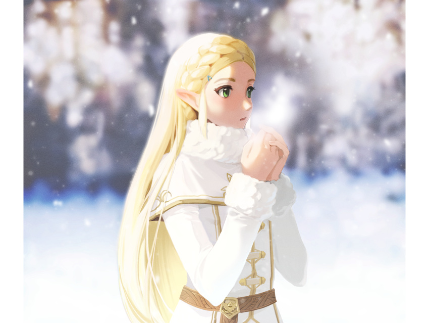 blonde_hair coat green_eyes long_hair pointy_ears princess_zelda simple_background snow snowing solo sophie_(693432) the_legend_of_zelda the_legend_of_zelda:_breath_of_the_wild winter winter_clothes winter_coat