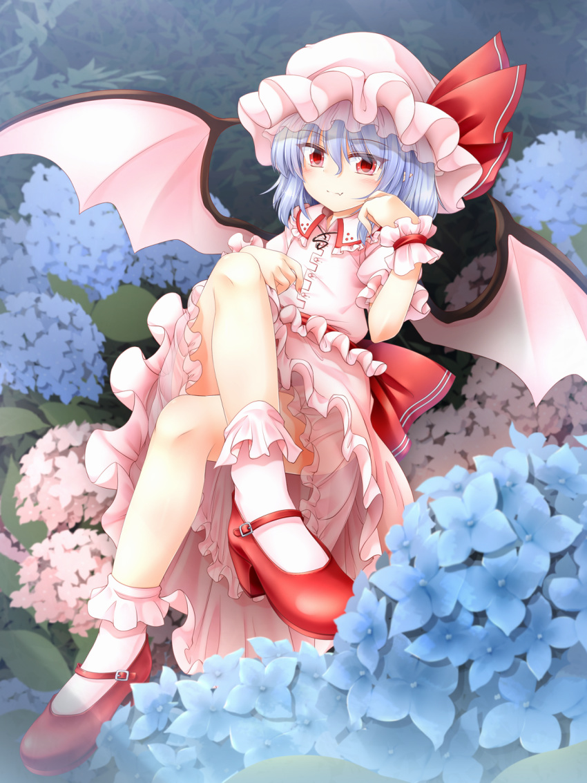 bat_wings blue_hair blurry blush bobby_socks commentary_request crossed_legs depth_of_field eyebrows_visible_through_hair eyes_visible_through_hair fang fang_out flower frilled_skirt frilled_sleeves frills hair_between_eyes hand_on_own_face hand_on_own_stomach hat hat_ribbon highres hydrangea light_smile looking_at_viewer m9kndi mary_janes mob_cap petticoat pink_shirt pink_skirt pointy_ears puffy_short_sleeves puffy_sleeves reclining red_eyes red_footwear red_ribbon remilia_scarlet ribbon shirt shoes short_hair short_sleeves skirt socks solo touhou white_legwear wings wrist_cuffs