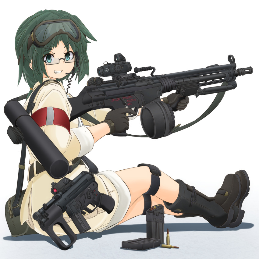 bag bullet commentary_request glasses goggles goggles_on_head gun h&amp;k_mp5k heckler_&amp;_koch highres hk21 holding holding_weapon ichigotofu looking_at_viewer magazine_(weapon) original sling submachine_gun weapon